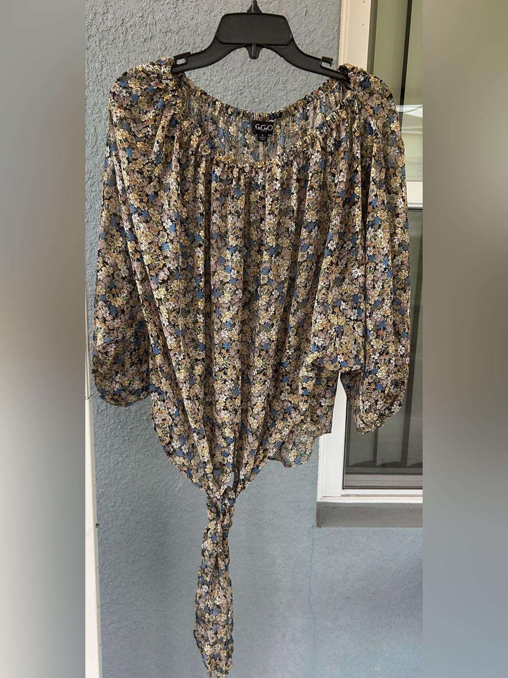 Gigio Floral Peasant Top Size S Boho Tie Front Off Shoulder Long Open Sleeves